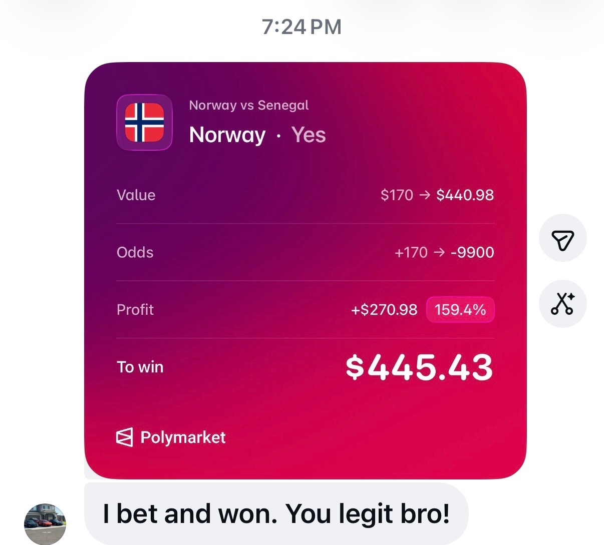 Polymarket slip: Norway win, profit +$270.98