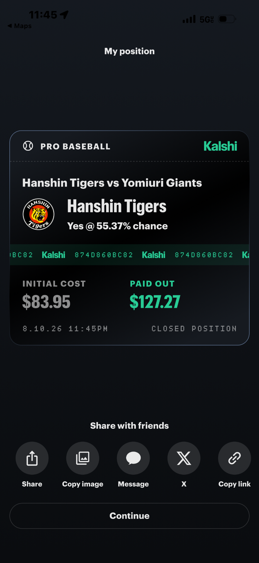 Kalshi closed position: Hanshin Tigers paid out $127.27