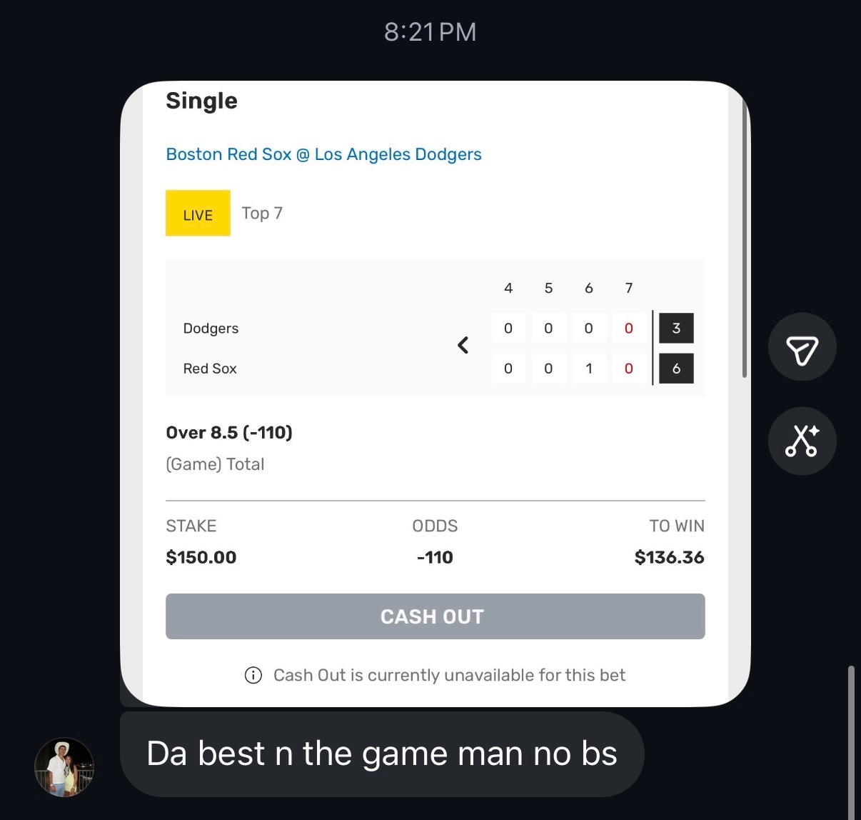 Live bet slip: Red Sox at Dodgers Over 8.5