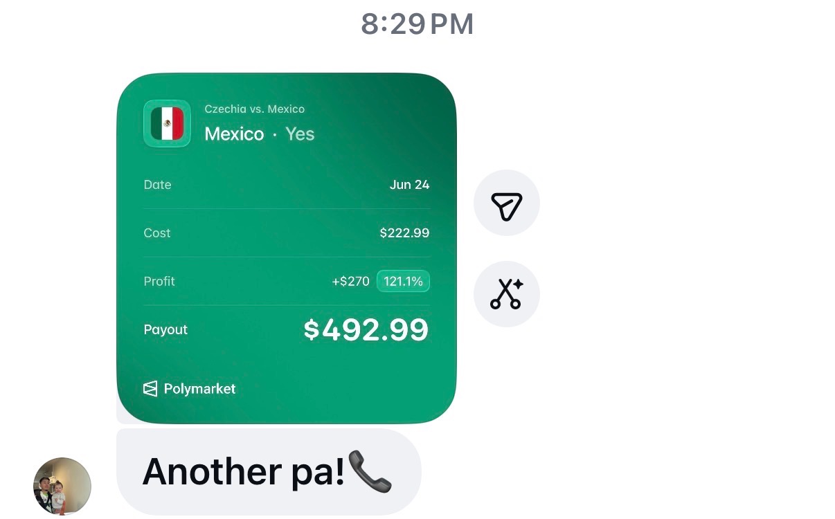 Polymarket slip: Mexico payout $492.99